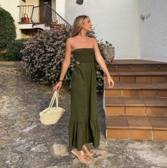 Zara Linen Blend Strapless Smocked Green Maxi Dress Size Small NWT - Picture 2 of 12